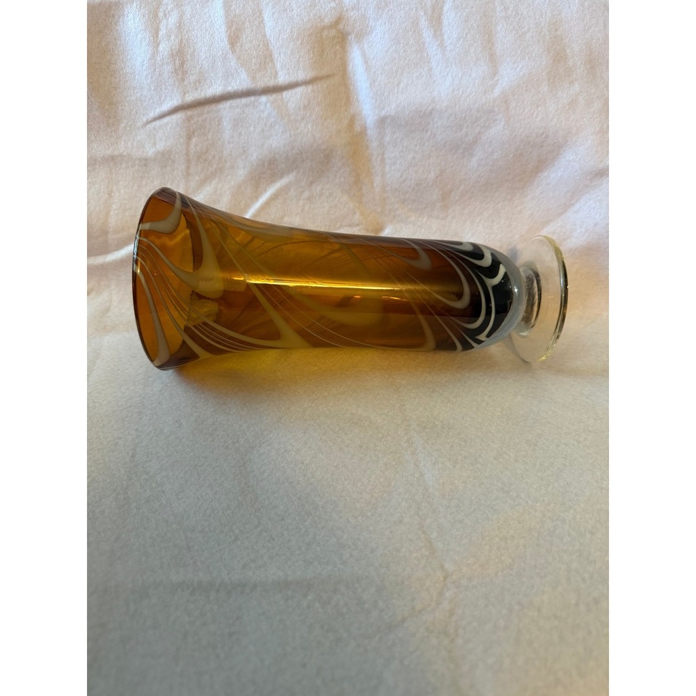 Amber Glass Vase with White Swirls Art Glass Bud Vase Home Decor - Picture 5 of 5